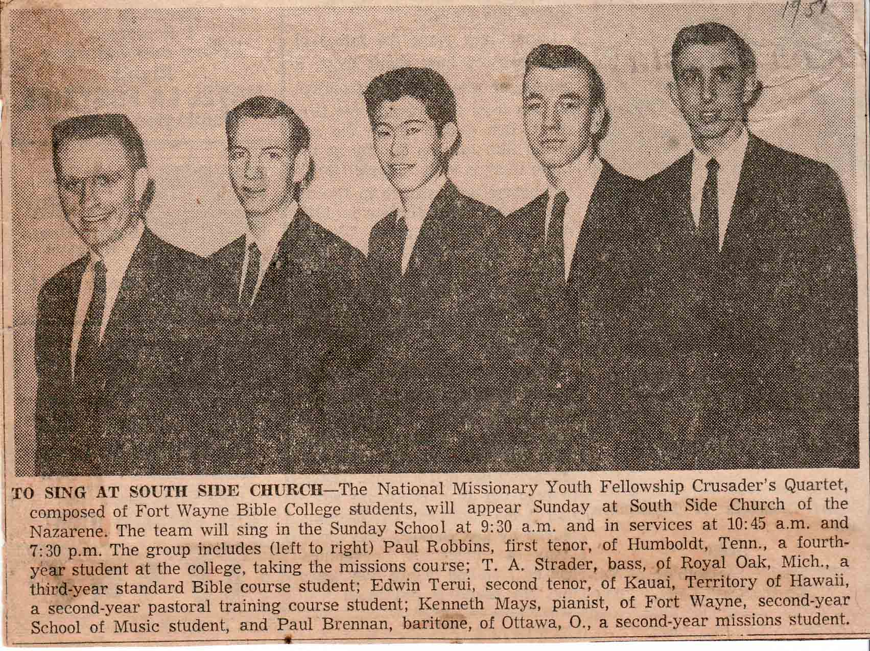 Crusaders Quartet -sing at S Side Church 1957